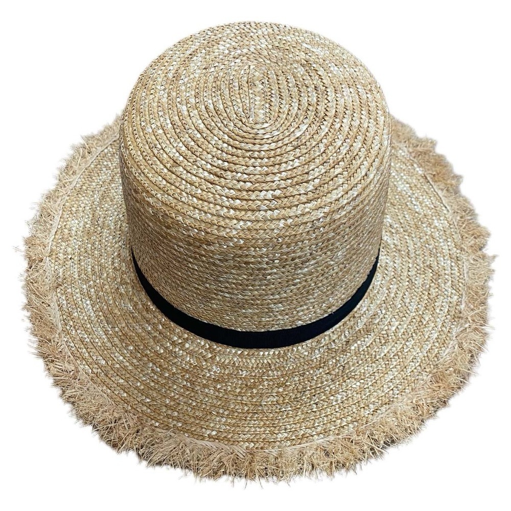Hat Attack Shore Hat Natural Black Wheat Straw Frayed Brim Boater Sun Hat - Picture 3 of 8